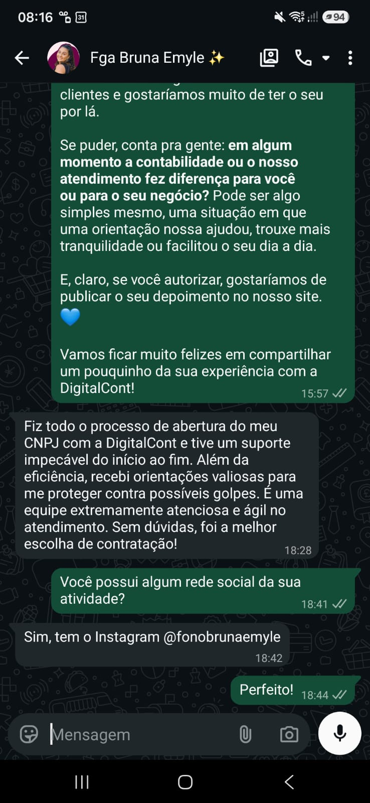 Print do WhatsApp com o depoimento da Fga Bruna Emyle