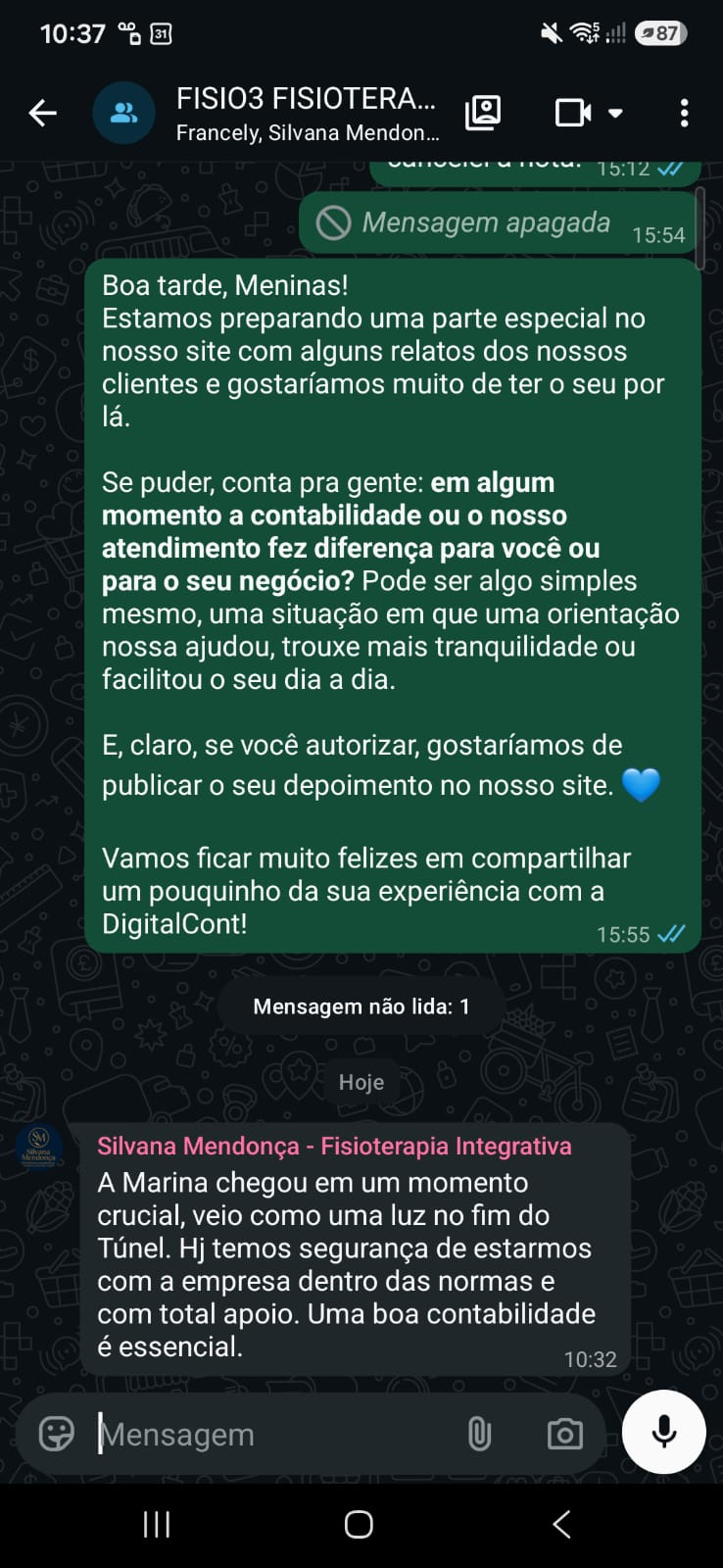 Print do WhatsApp com o depoimento da Silvana Mendonça