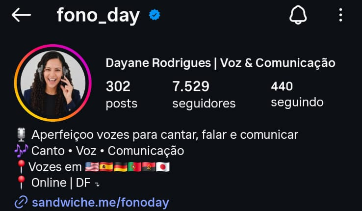 Perfil no Instagram da cliente Dayane Rodrigues (@fono_day)